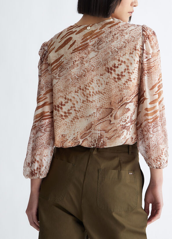 Beige Women's Liu Jo Chiffon Python Blouse Shirts | PKS-065149