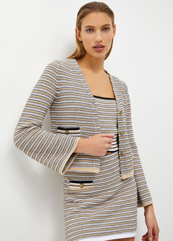 Beige Women\'s Liu Jo Striped Crochet Cardigan Sweaters | RNX-549617