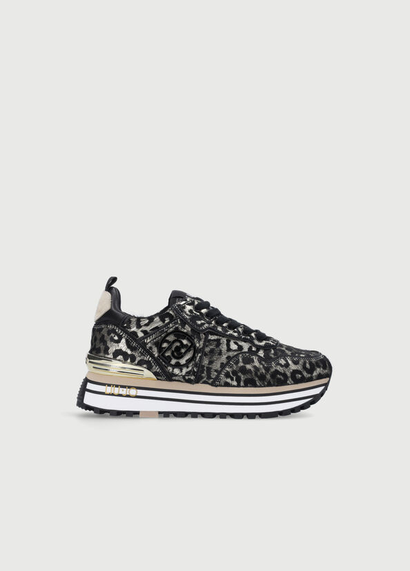 Black / Gold Women's Liu Jo Laminated Animal-Print Platform Sneakers | HOT-684037