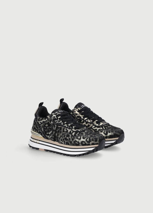 Black / Gold Women's Liu Jo Laminated Animal-Print Platform Sneakers | HOT-684037