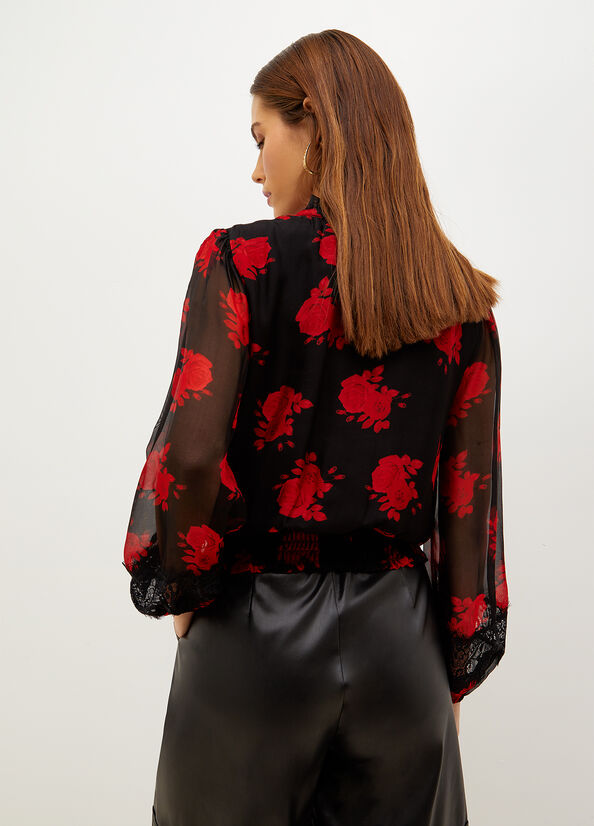 Black / Red Women's Liu Jo Floral Chiffon Blouse Shirts | RJN-059468