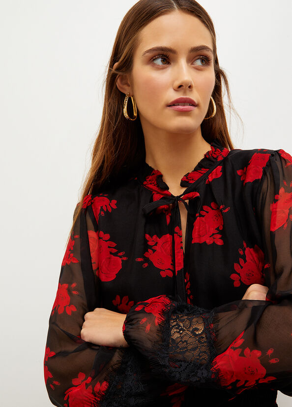 Black / Red Women's Liu Jo Floral Chiffon Blouse Shirts | RJN-059468