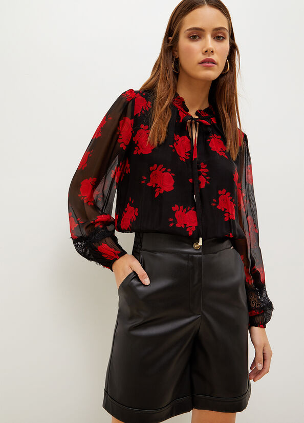 Black / Red Women\'s Liu Jo Floral Chiffon Blouse Shirts | RJN-059468