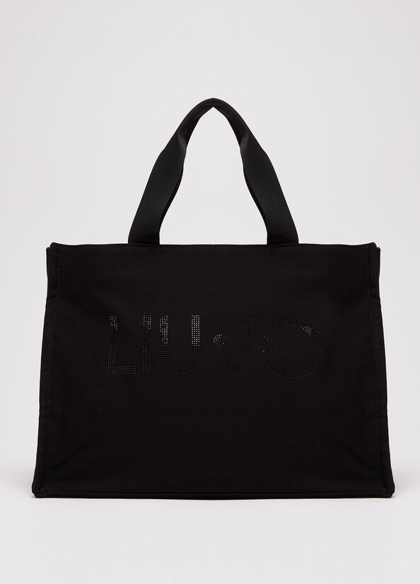 Black Women's Liu Jo In Canvas With Logo Shopper Bag | VDT-067513