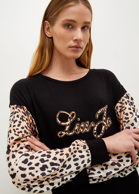 Black Women's Liu Jo Jersey With Animal Print And Logo Dress | HDJ-627481