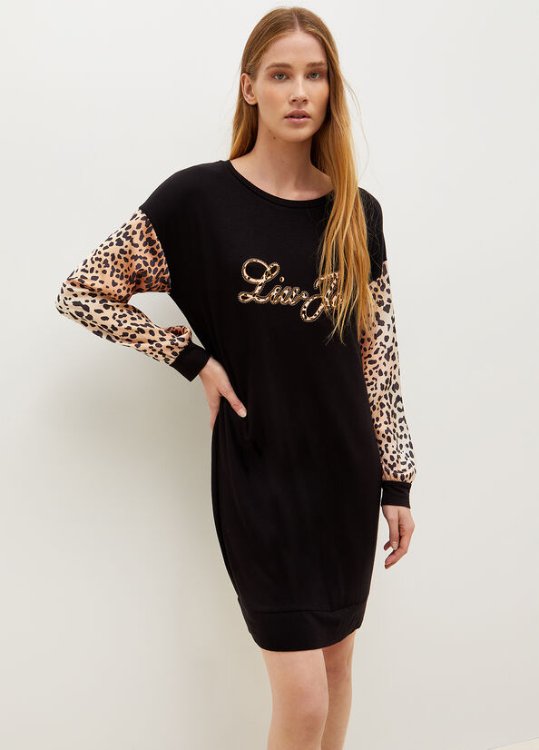 Black Women\'s Liu Jo Jersey With Animal Print And Logo Dress | HDJ-627481