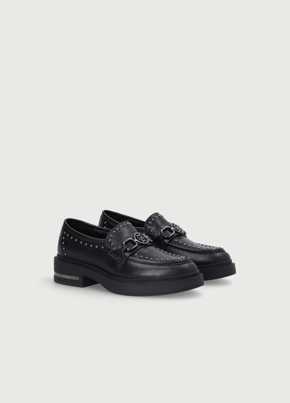 Black Women's Liu Jo Leather Moccasins With Studs Flat Shoes | YTJ-698417