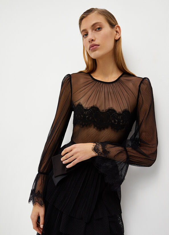 Black Women\'s Liu Jo Plumetis Tulle Shirts | BXI-208157