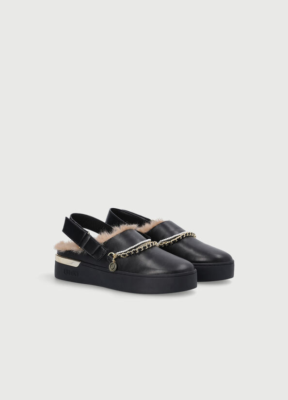 Black Women's Liu Jo Sabots With Jewel Chain Flat Shoes | VNT-158306