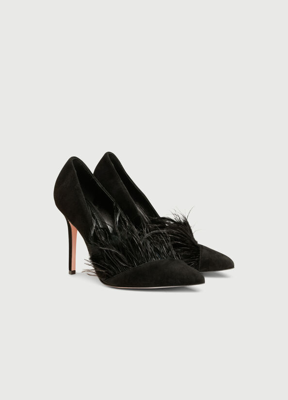 Black Women's Liu Jo Suede With Feathers High Heels | ACV-142768