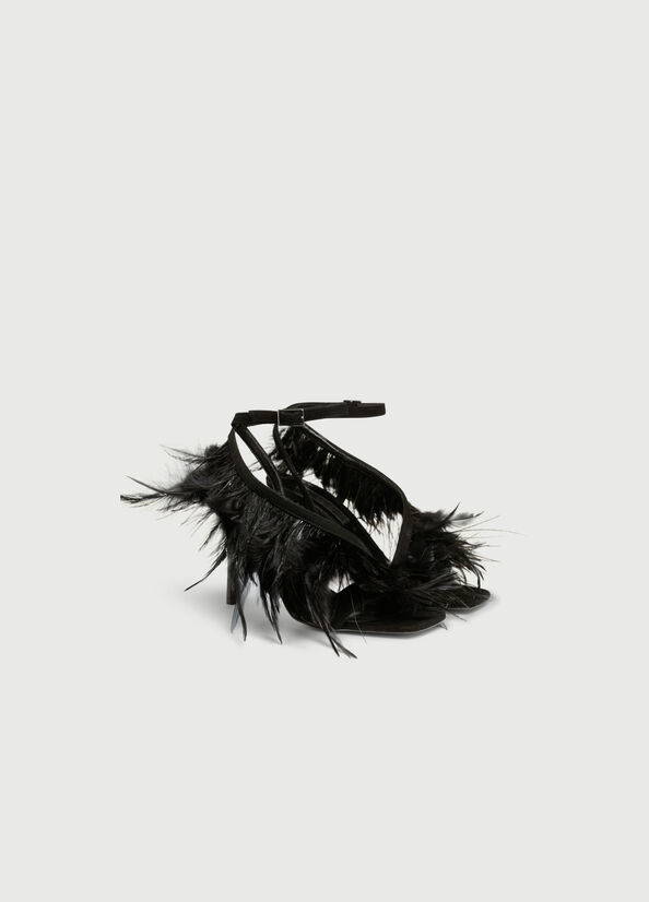 Black Women's Liu Jo With Heel And Feathers Sandals | FYB-142038