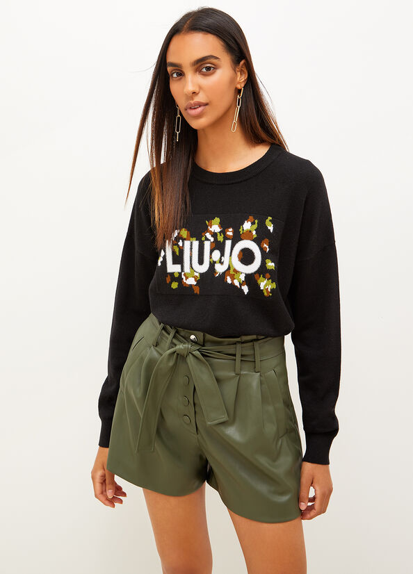 Black Women\'s Liu Jo With Logo And Camouflage Motif Sweaters | VCY-621735