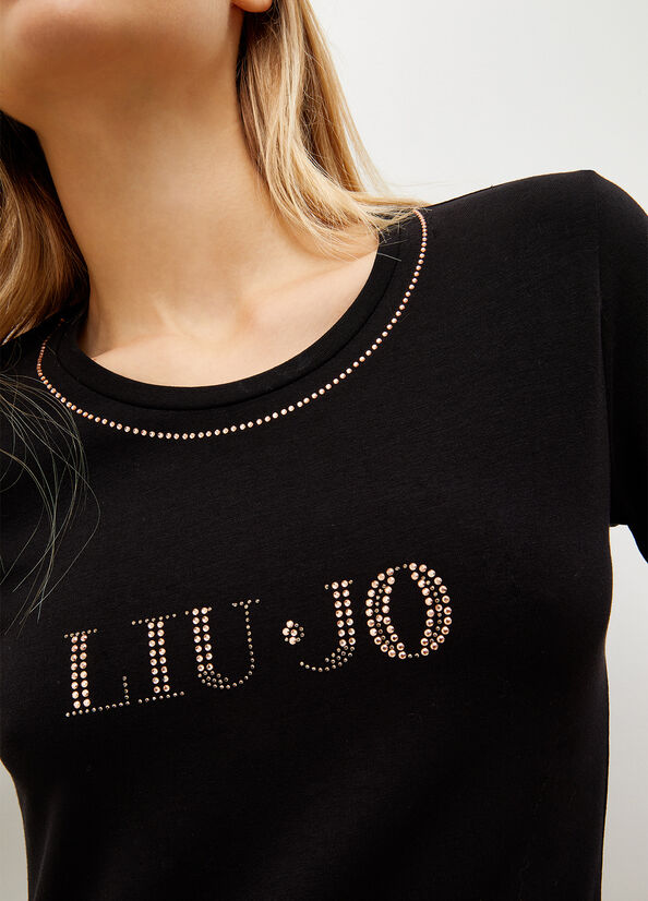 Black Women's Liu Jo With Logo And Gemstones T Shirts | AUX-628904