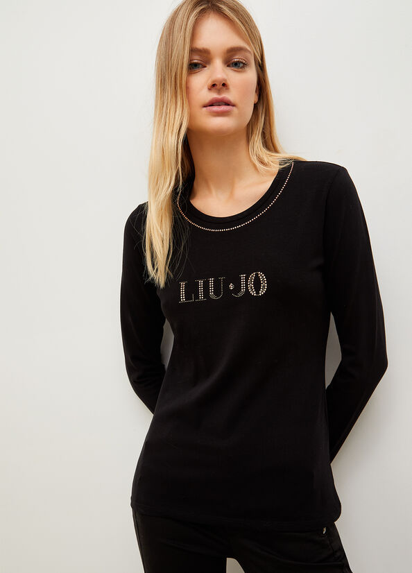 Black Women\'s Liu Jo With Logo And Gemstones T Shirts | AUX-628904