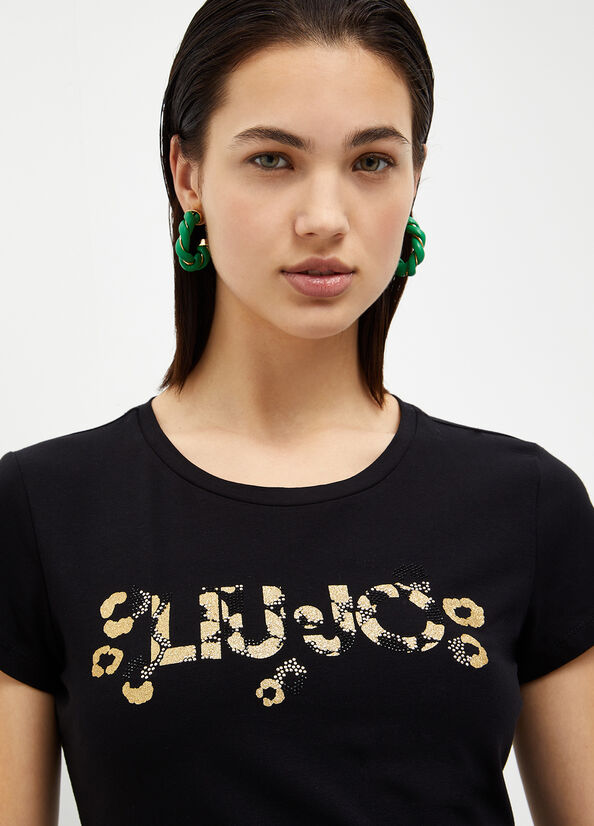 Black Women's Liu Jo With Logo And Gemstones T Shirts | LDY-504829