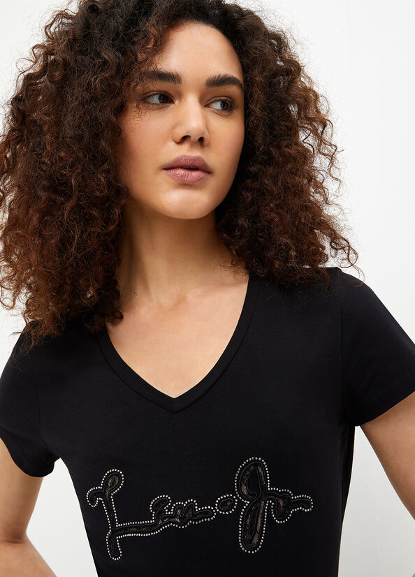 Black Women's Liu Jo With Logo And Gemstones T Shirts | RGT-176095