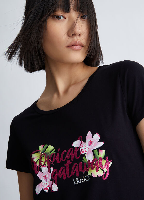 Black Women's Liu Jo With Tropical Print T Shirts | DFZ-435290