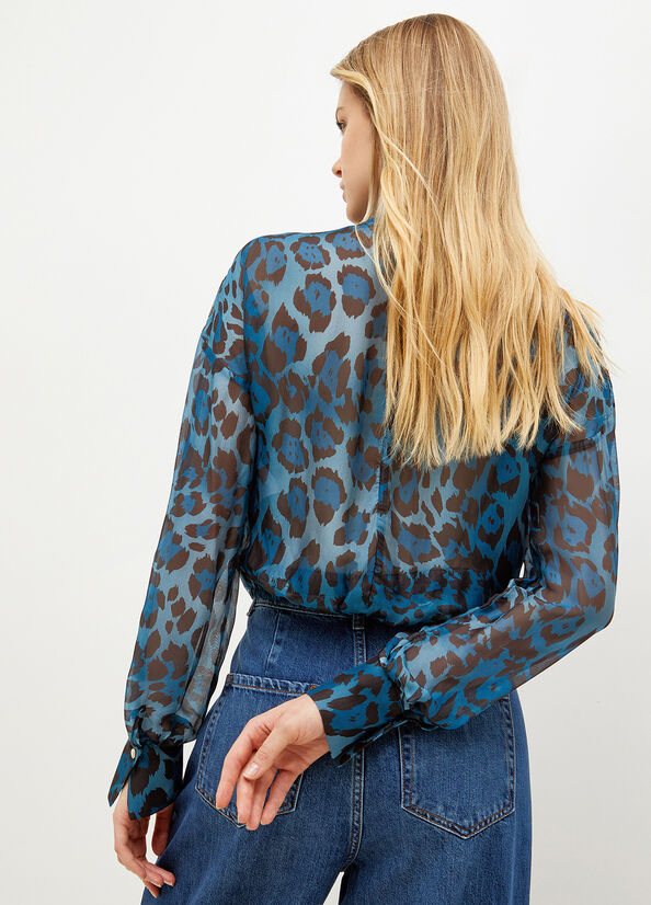 Blue Women's Liu Jo Animal-Print Chiffon Blouse Shirts | GOL-905178