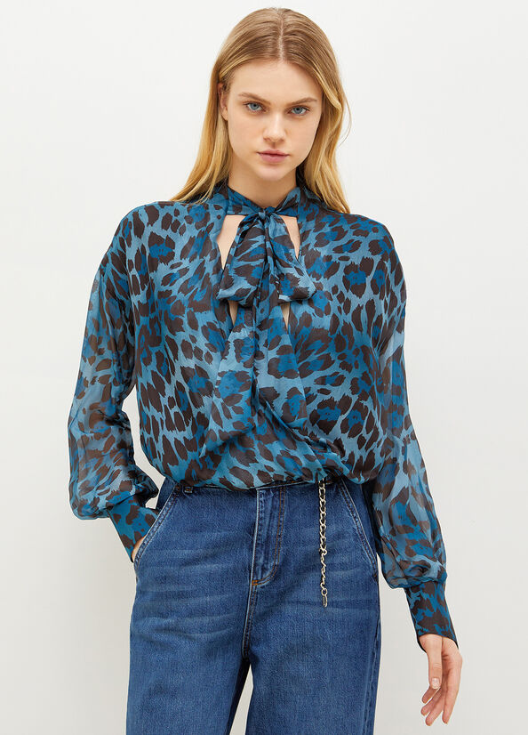 Blue Women\'s Liu Jo Animal-Print Chiffon Blouse Shirts | GOL-905178