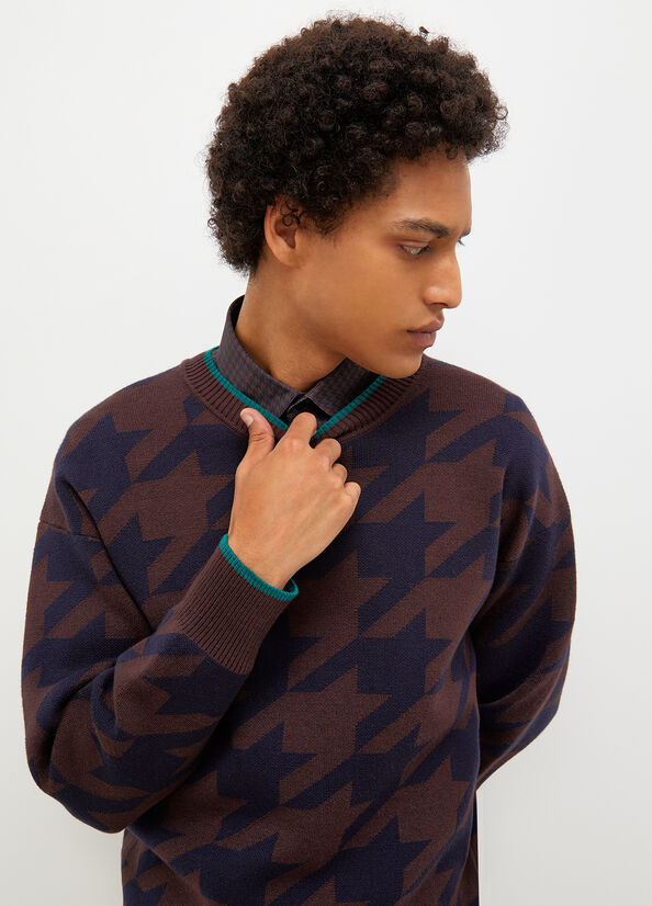 Dark Blue / Brown Men's Liu Jo Houndstooth Sweaters | FPR-095137