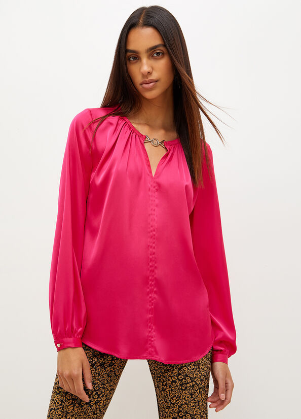 Fuchsia Women\'s Liu Jo Satin Blouse With Jewel Logo Shirts | QHO-908361