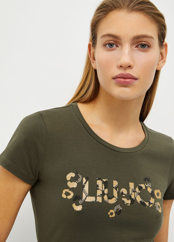 Olive Women's Liu Jo With Logo And Gemstones T Shirts | RJA-809145