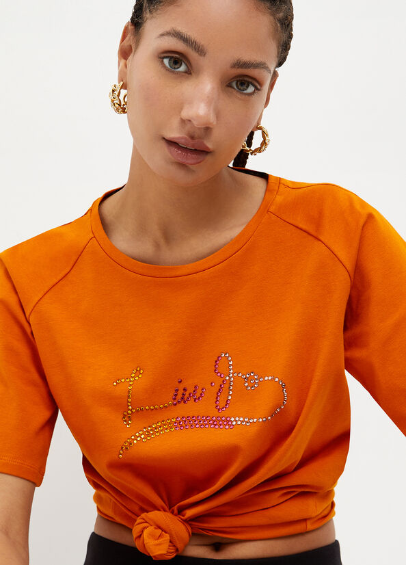 Orange Women's Liu Jo Eco-Friendly With Gemstones T Shirts | PQT-198450