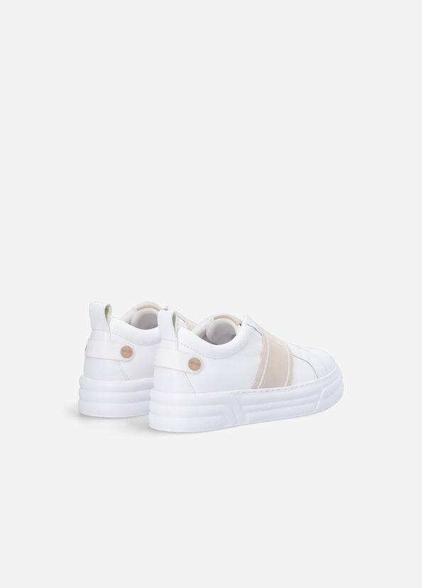 White / Beige Women's Liu Jo Slip Ons With Maxi Logo Sneakers | KEV-458713