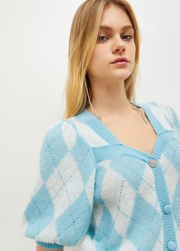 White Blue Women's Liu Jo Argyle Cardigan With Gemstones Sweaters | MOH-680794