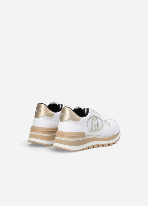 White / Gold Women's Liu Jo Leather And Nylon Sneakers | LXJ-862940