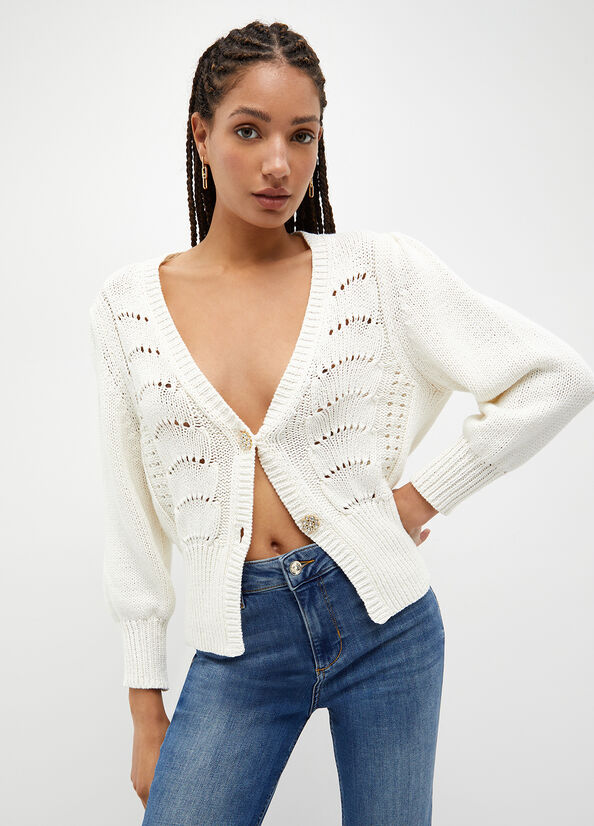 White Women\'s Liu Jo Cotton Crochet Cardigan Sweaters | HCT-402159