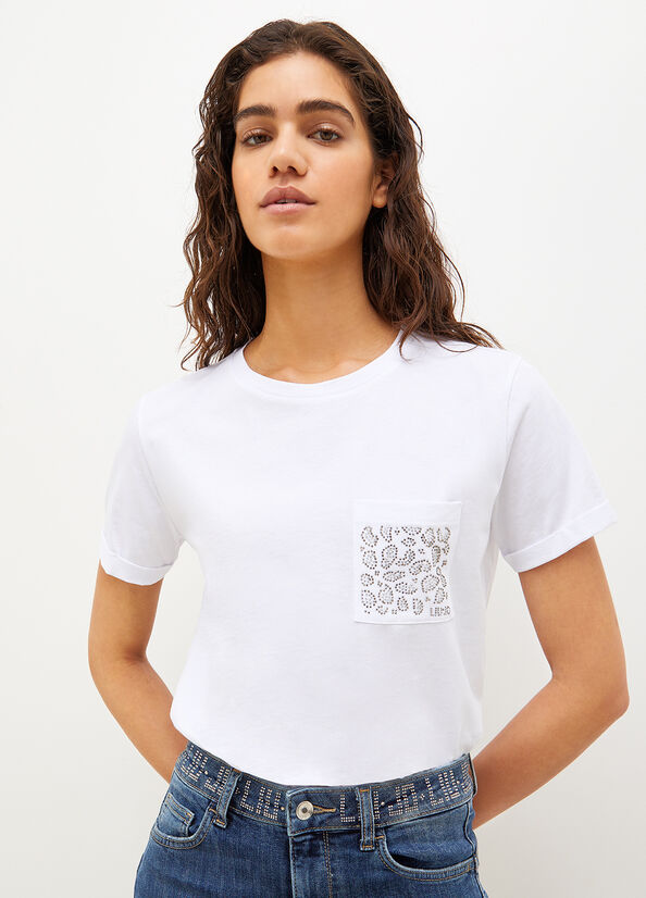 White Women's Liu Jo Cotton With Rhinestones T Shirts | KBW-058431