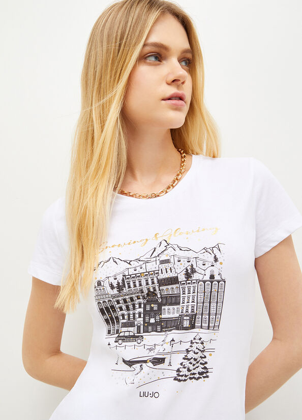 White Women's Liu Jo Eco-Friendly With Graphic Print T Shirts | JRB-102678