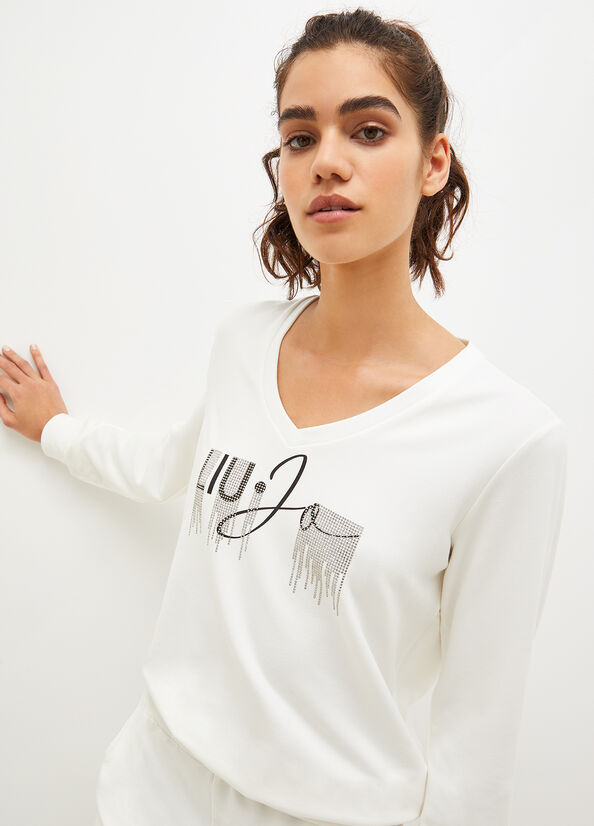 White Women's Liu Jo Eco-Friendly With Logo And Gemstones Sweatshirts | DLX-321857