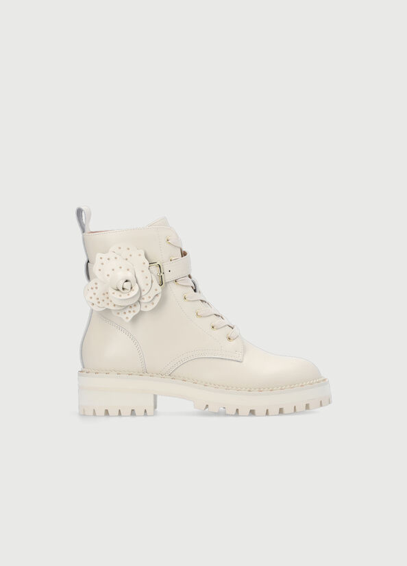 White Women\'s Liu Jo Leather With Studded Flowers Ankle Boots | KWZ-078165