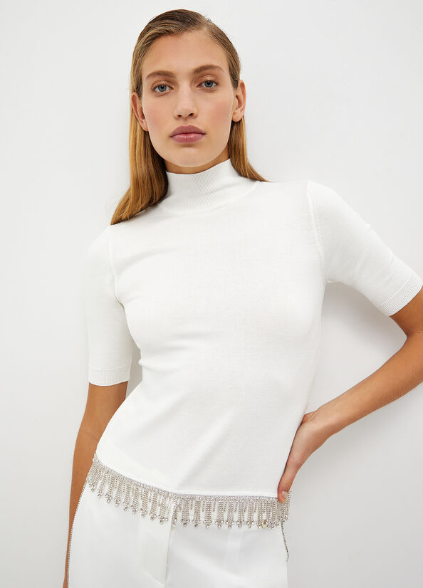 White Women\'s Liu Jo Mock Turtleneck With Jewel Fringes Sweaters | HVZ-065918