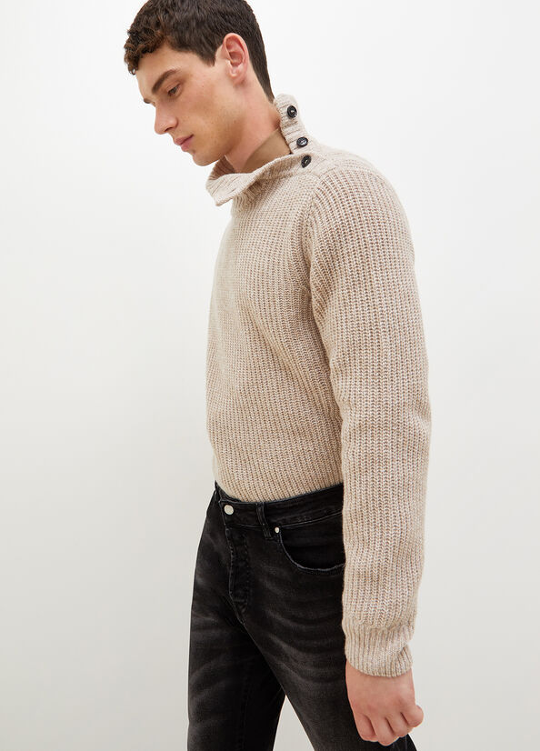 Beige Men's Liu Jo Turtleneck With Logo Buttons Sweaters | BLZ-129674