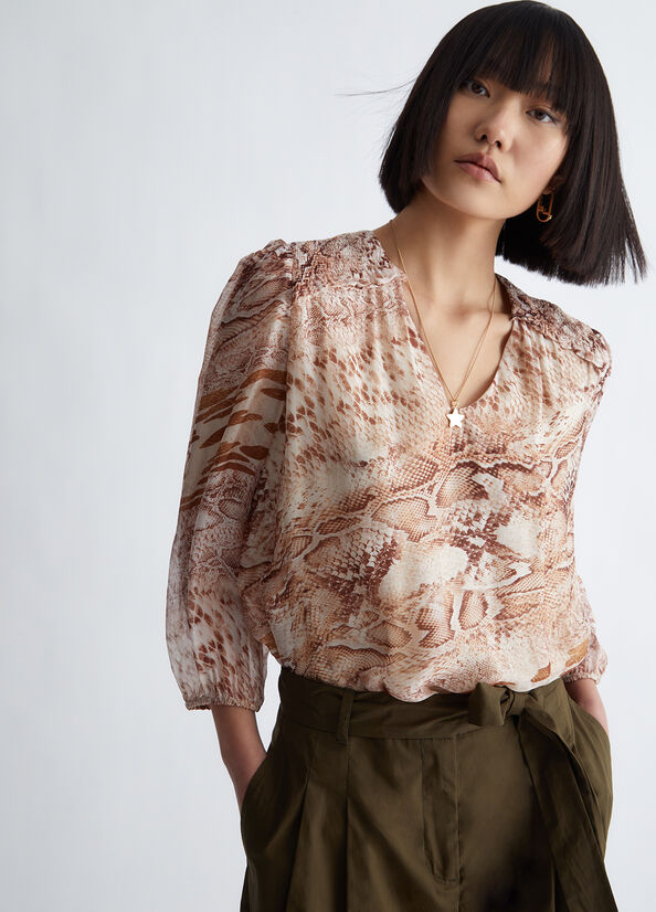 Beige Women's Liu Jo Chiffon Python Blouse Shirts | PKS-065149