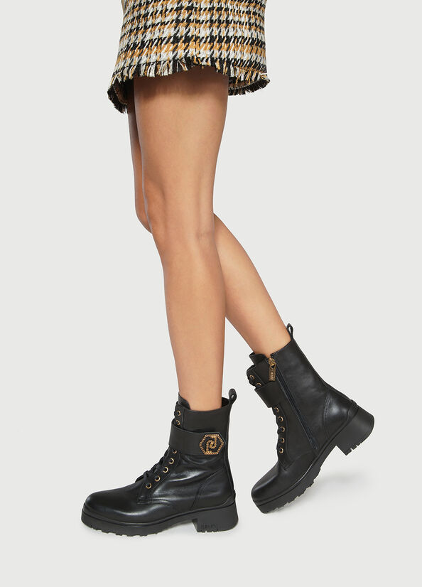 Black Women's Liu Jo Genuine Leather With Logo Ankle Boots | QTA-392504