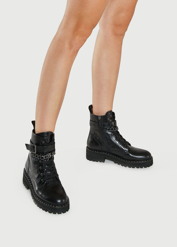 Black Women's Liu Jo Leather With Jewelled Chain Ankle Boots | ACY-841603