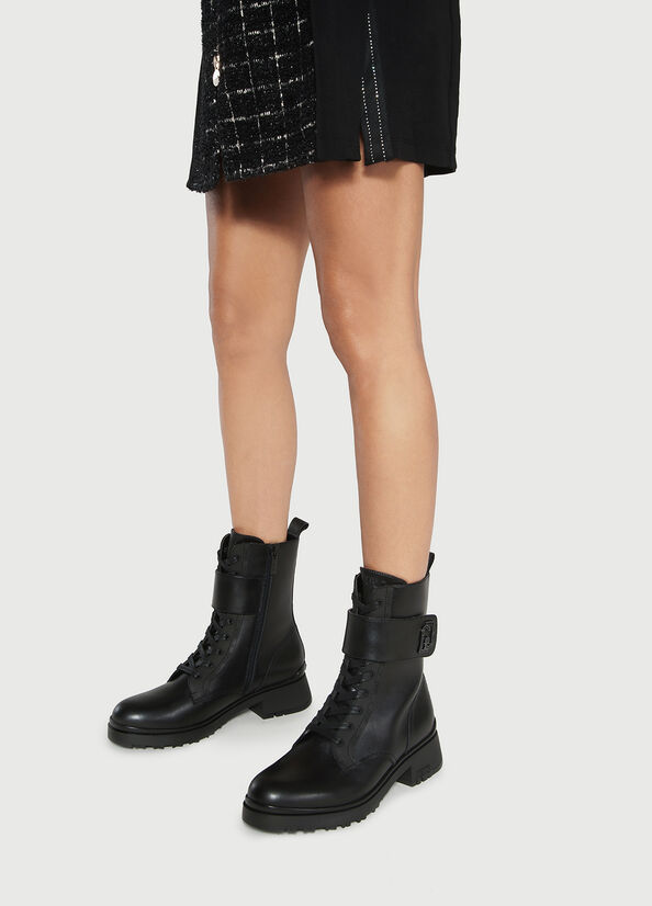 Black Women's Liu Jo Leather With Logo Ankle Boots | KSL-612974