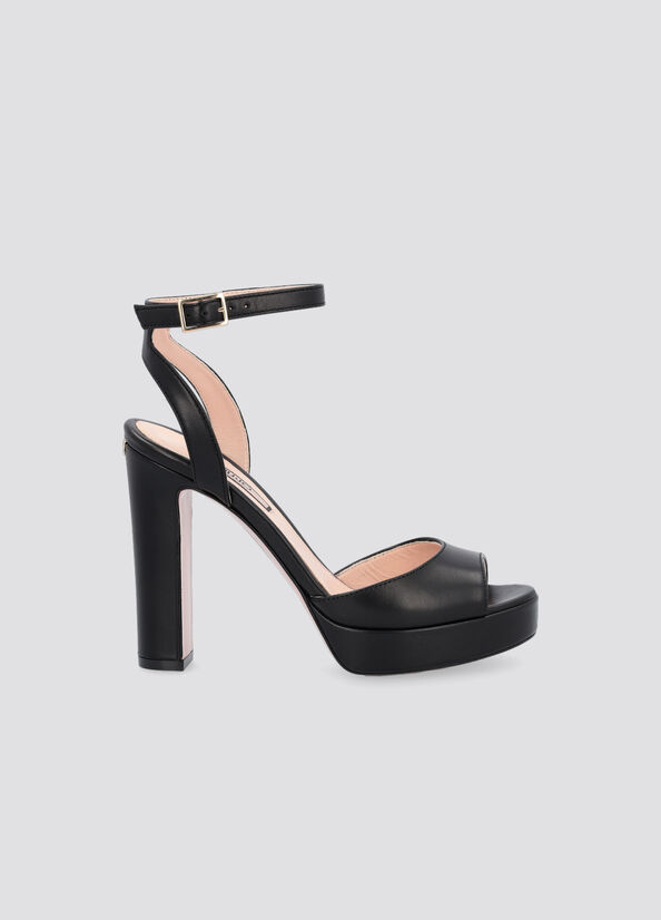 Black Women's Liu Jo Leather With Wide Heel Sandals | EMN-315709