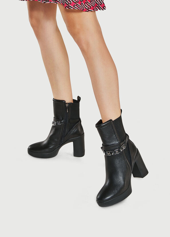 Black Women's Liu Jo Leather With Wide Heel Ankle Boots | ZJL-207364