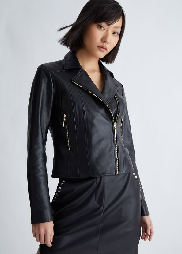 Black Women's Liu Jo Nappa Leather Biker Jackets | FPL-765814