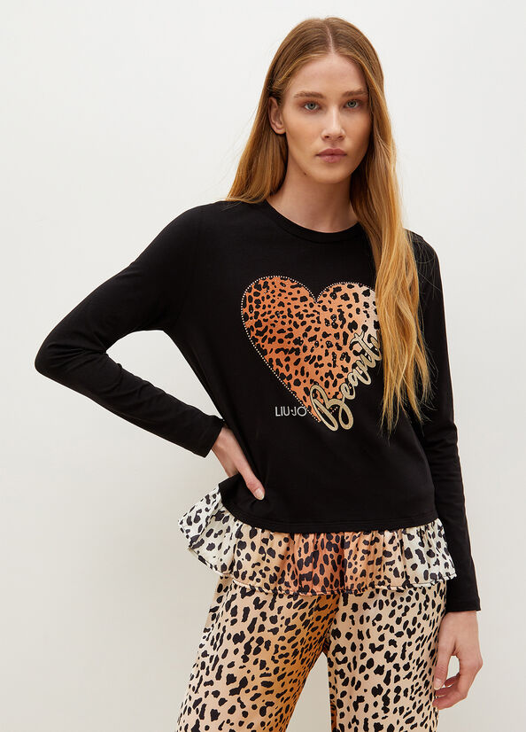 Black Women's Liu Jo With Animal-Print Heart T Shirts | GXB-476932