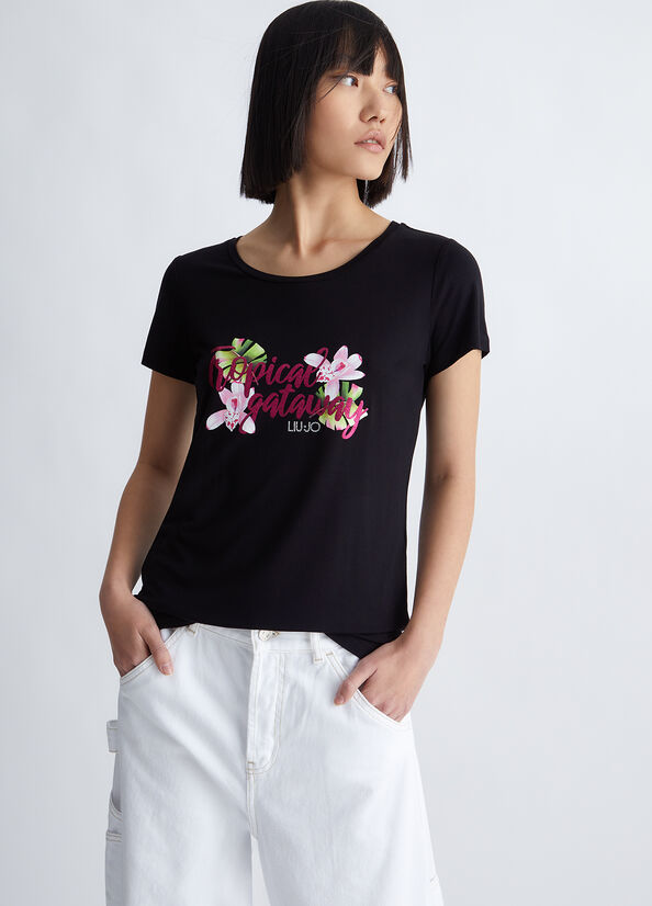 Black Women's Liu Jo With Tropical Print T Shirts | DFZ-435290