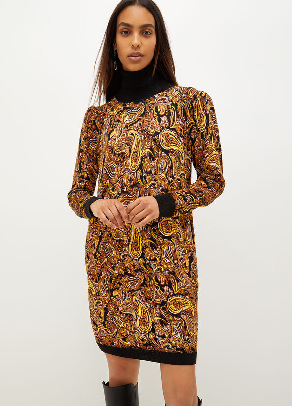 Black / Yellow Women's Liu Jo Turtleneck With Paisley Print Dress | EOX-502641