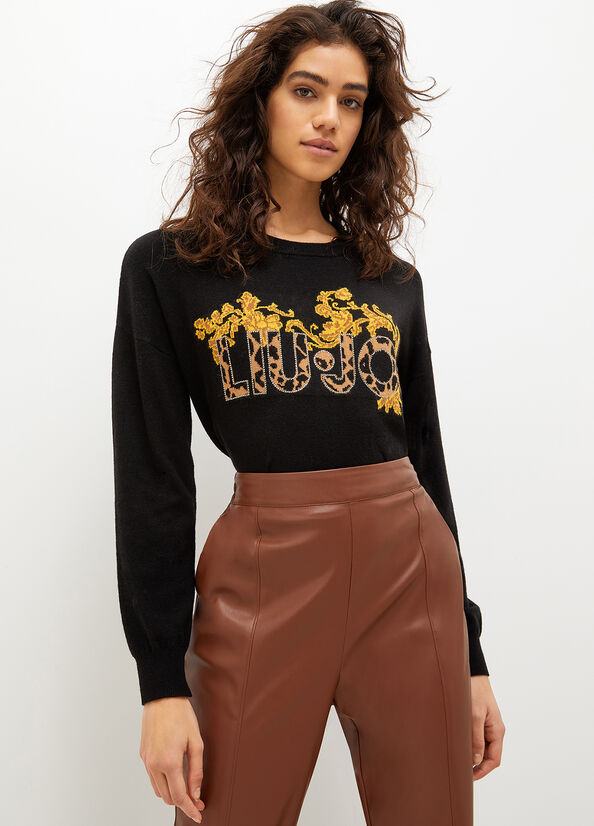 Black / Yellow Women's Liu Jo Wool And Cotton With Animal Print Logo Sweaters | RIV-801394