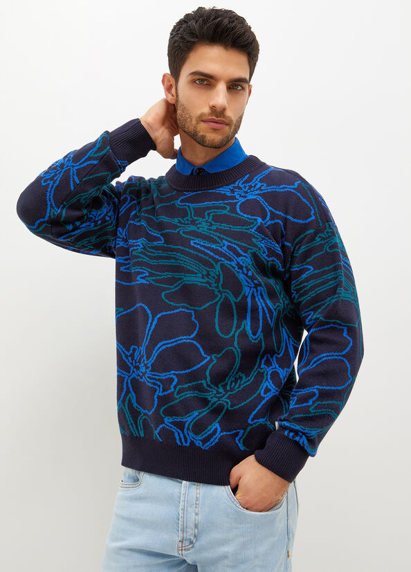 Dark Blue Men's Liu Jo Jacquard Sweaters | OHX-923854