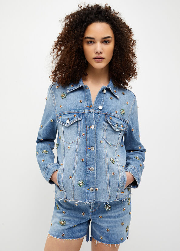 Dark Blue Women's Liu Jo Denim With Rhinestones Jackets | DGP-627138